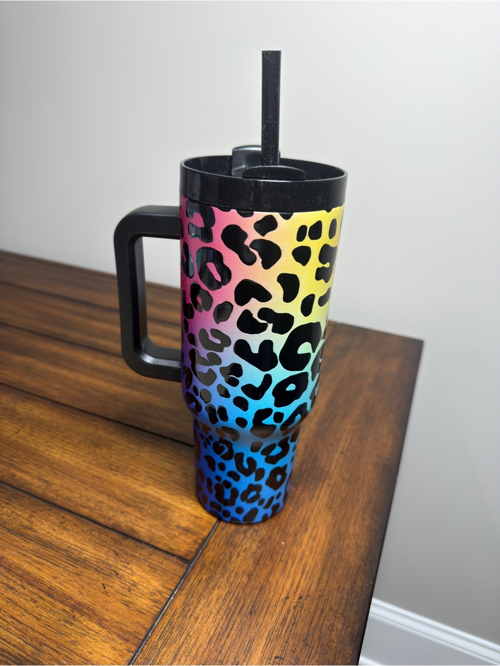 Rainbow Leopard Print Travel Tumbler with Handle and Straw